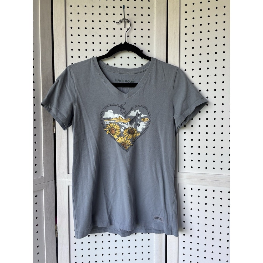 Life Is Good Crusher Tee Short SLV Women's Sm Blue Horse Sunflower V Neck